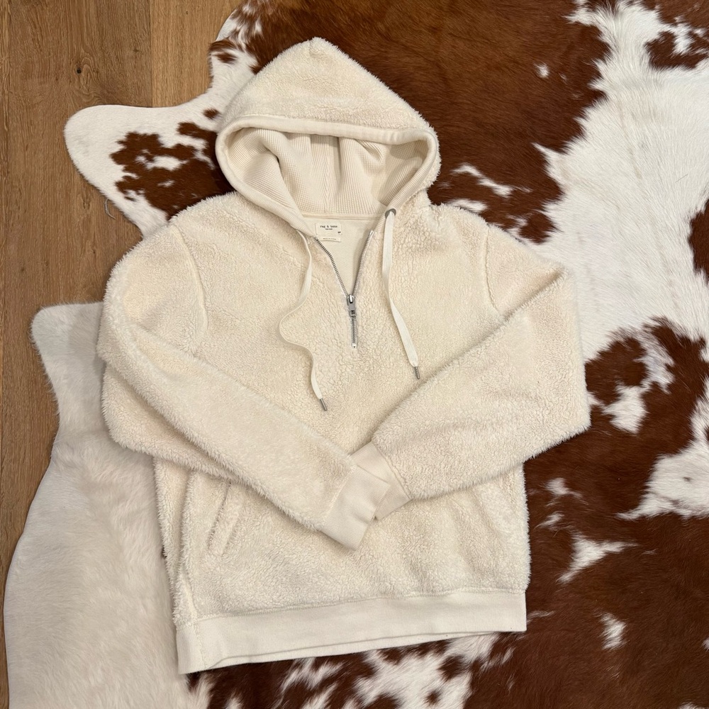 Rag & Bone Ivory Cotton Sherpa Like Pull Over Jacket Hooded Small - Picture 2 of 8